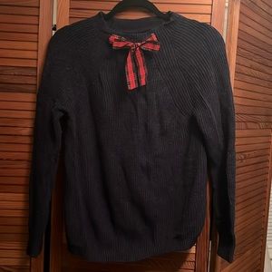 J crew knit sweater with red plaid bow at neck
